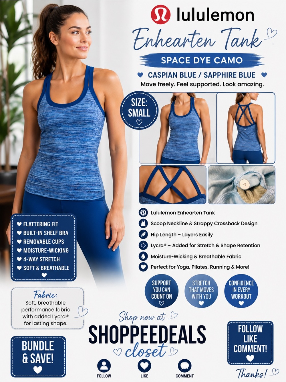 Lululemon Enhearten Tank Space Dye Camo Caspian Blue Sapphire Blue – Size 4